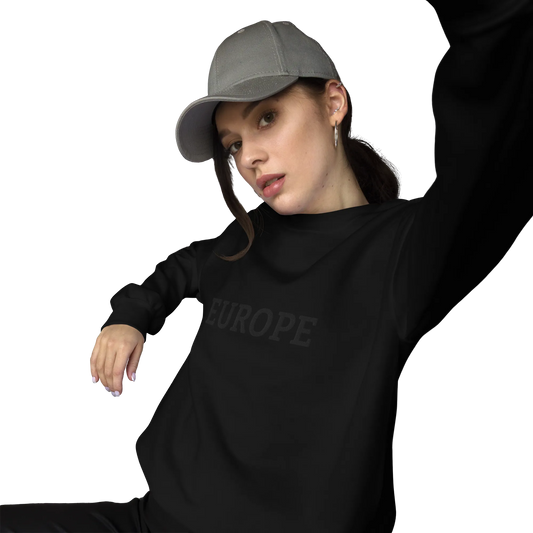 Female Model with Monochrome Black "EUROPE" Unisex Sweatshirt