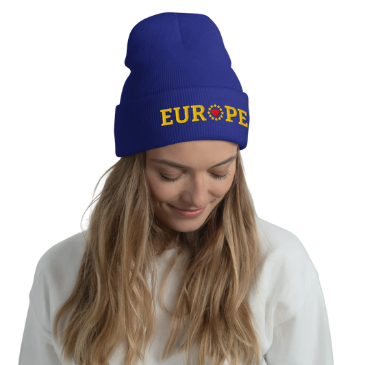 Female Model with Royal Blue "EUROPE" Cuffed Beanie with "Show the Love for Europe" emblem