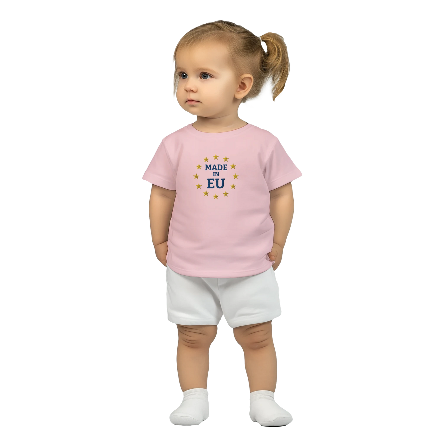 "Made in EU" Embroidered Baby T-shirt on an AI Baby Girl / Pink