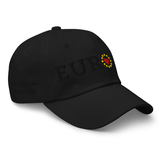 Monochrome Black "EUROPE" Cap with "Show the Love for EU" emblem in full color Right Front View