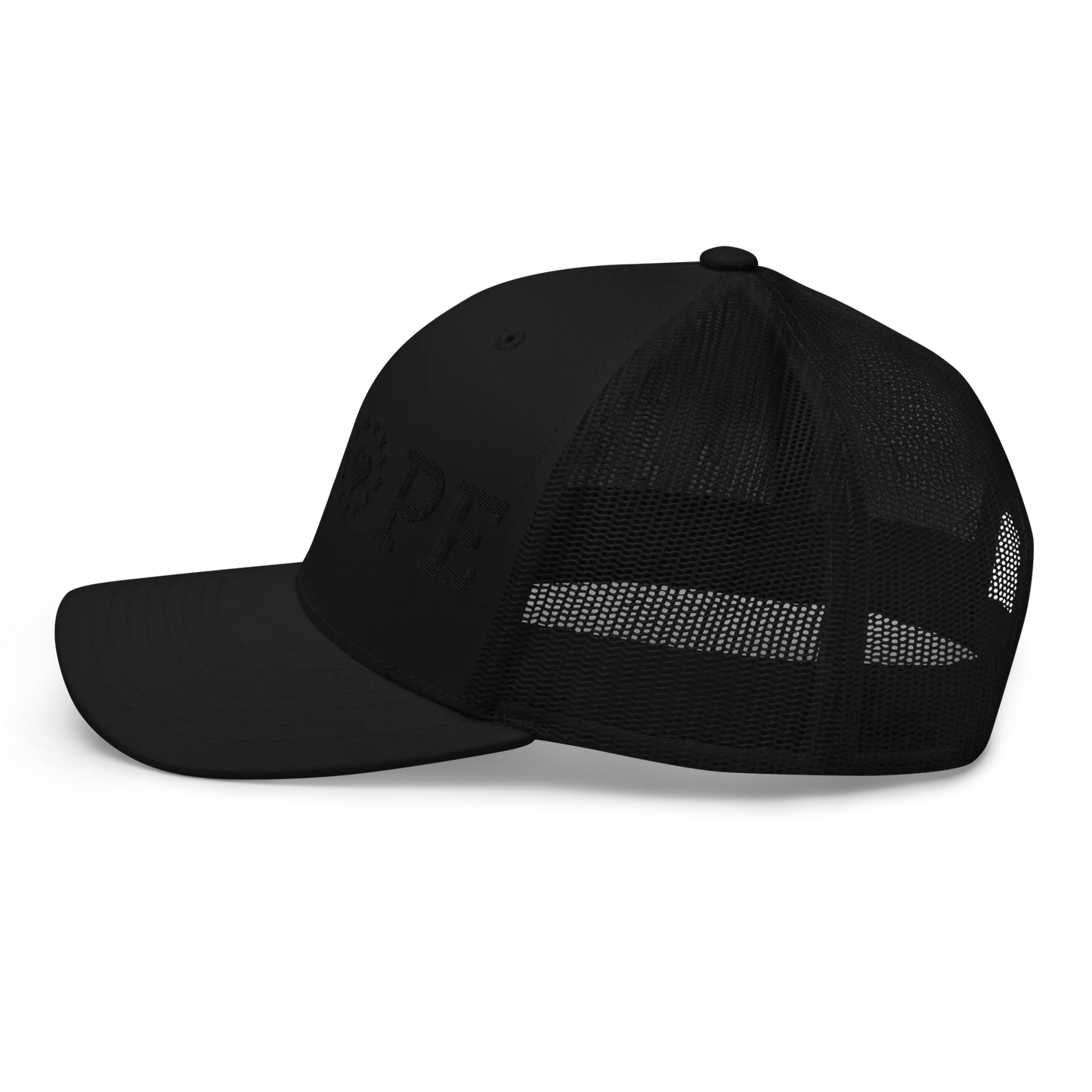 Monochrome Black "EUROPE" Trucker Cap with "Show the Love for Europe" emblem Left View