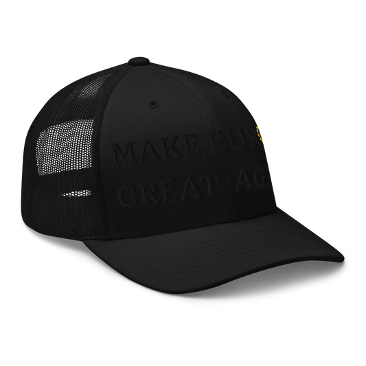 Monochrome Black "Make Europe Great Again" / MEGA Trucker Cap with "Show the Love for EU" emblem in full color Right Front View