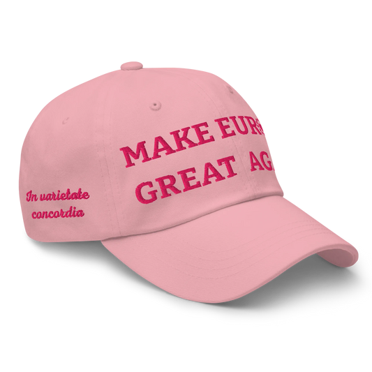 Monochrome Pink "Make Europe Great Again" / MEGA Cap with "Show the Love for Europe" emblem Right Front View