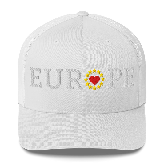 Monochrome White "EUROPE" Trucker Cap with "Show the Love for EU" emblem in full color Front View