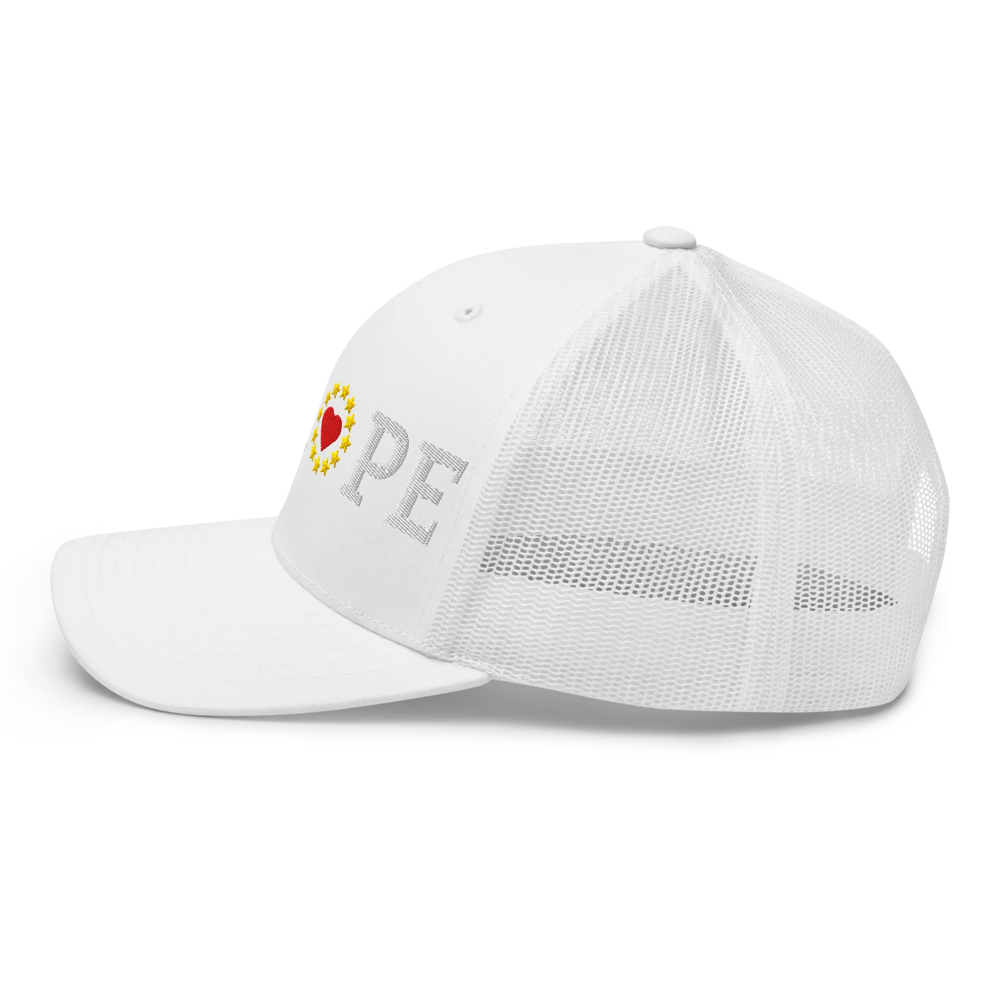 Monochrome White "EUROPE" Trucker Cap with "Show the Love for Europe" emblem in full color Left View