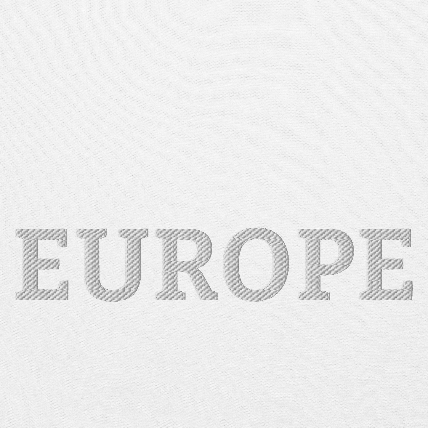 Monochrome White "EUROPE" Unisex Sweatshirt Design Close-Up View