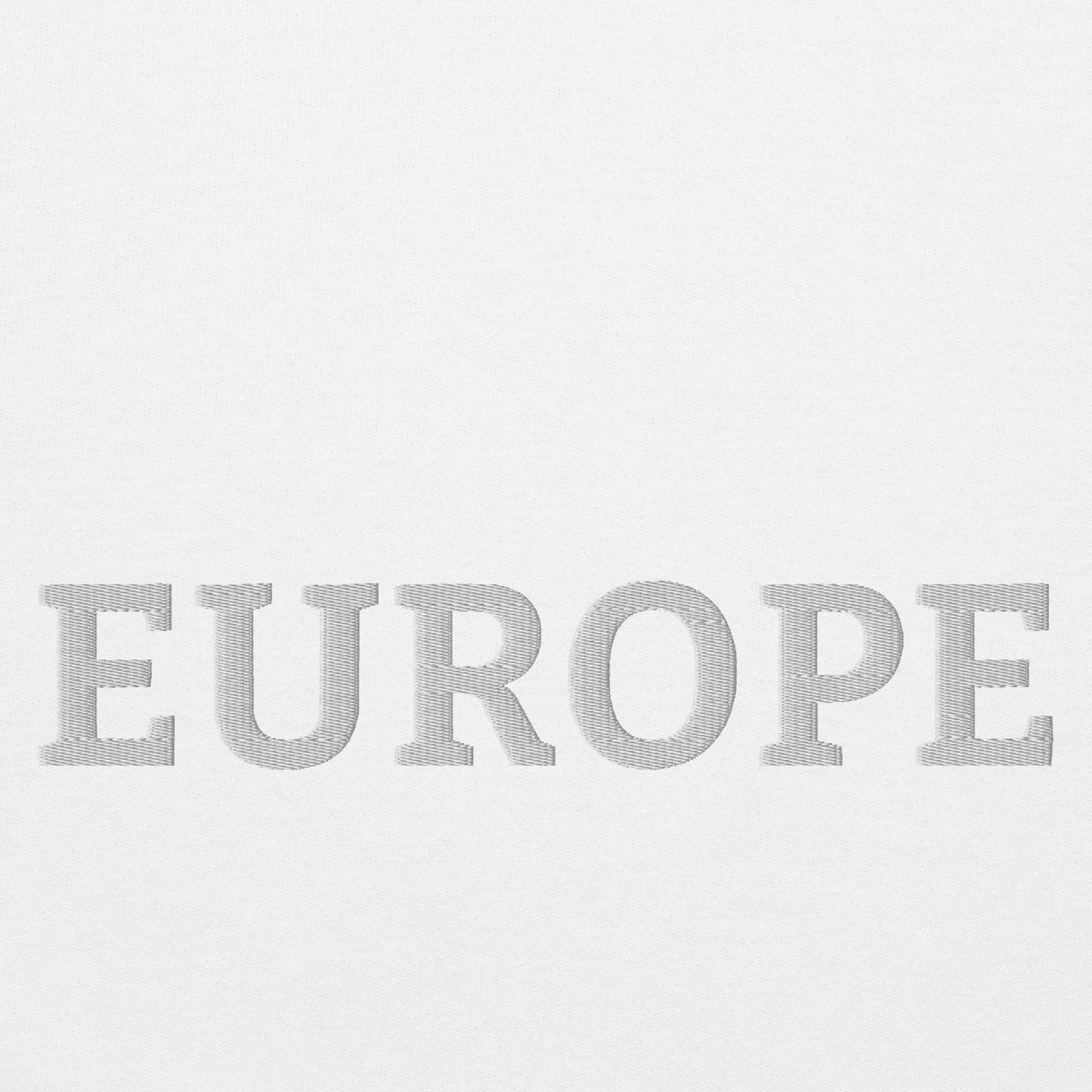 Monochrome White "EUROPE" Unisex Sweatshirt Design Close-Up View