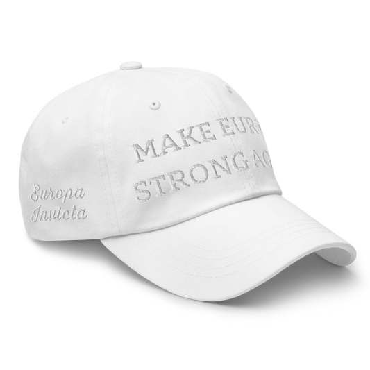 Monochrome White "Make Europe Strong Again" / MESA Cap with "Show the Love for Europe" emblem Right Front View