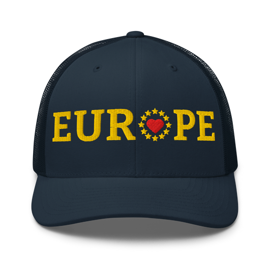 Navy Blue "EUROPE" Trucker Cap with "Show the Love for EU" emblem Front View
