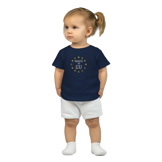 Navy Blue "Made in EU" Embroidered Baby T-shirt on an AI Baby Boy Front View
