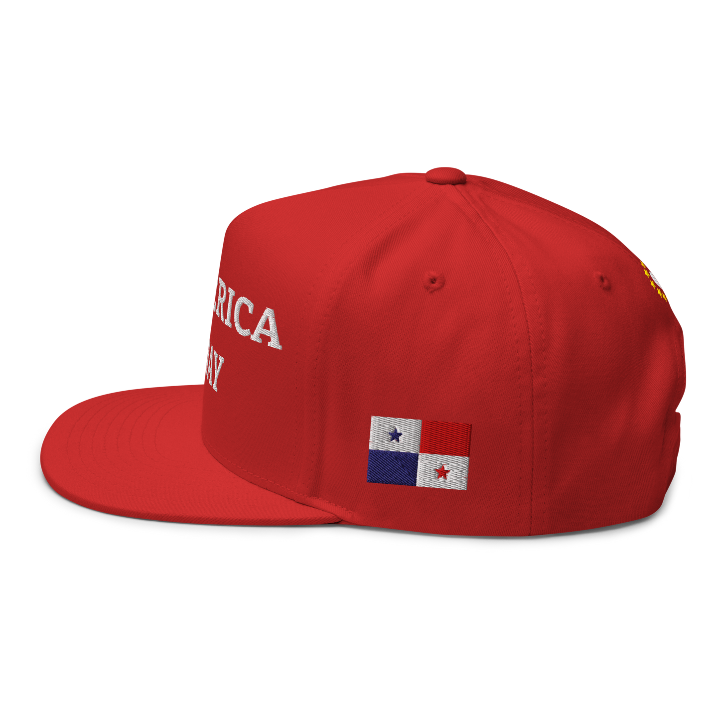 Red anti-MAGA hat with National Flag of Panama Left View