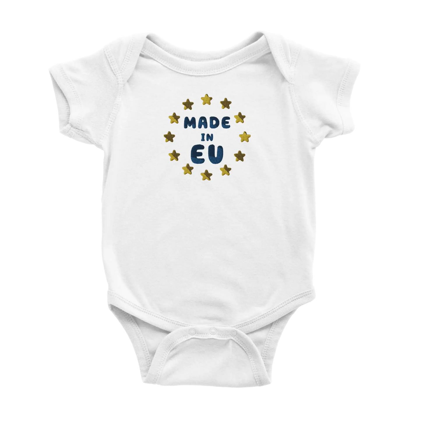 White "Made in EU" Embroidered Baby Bodysuit Front View