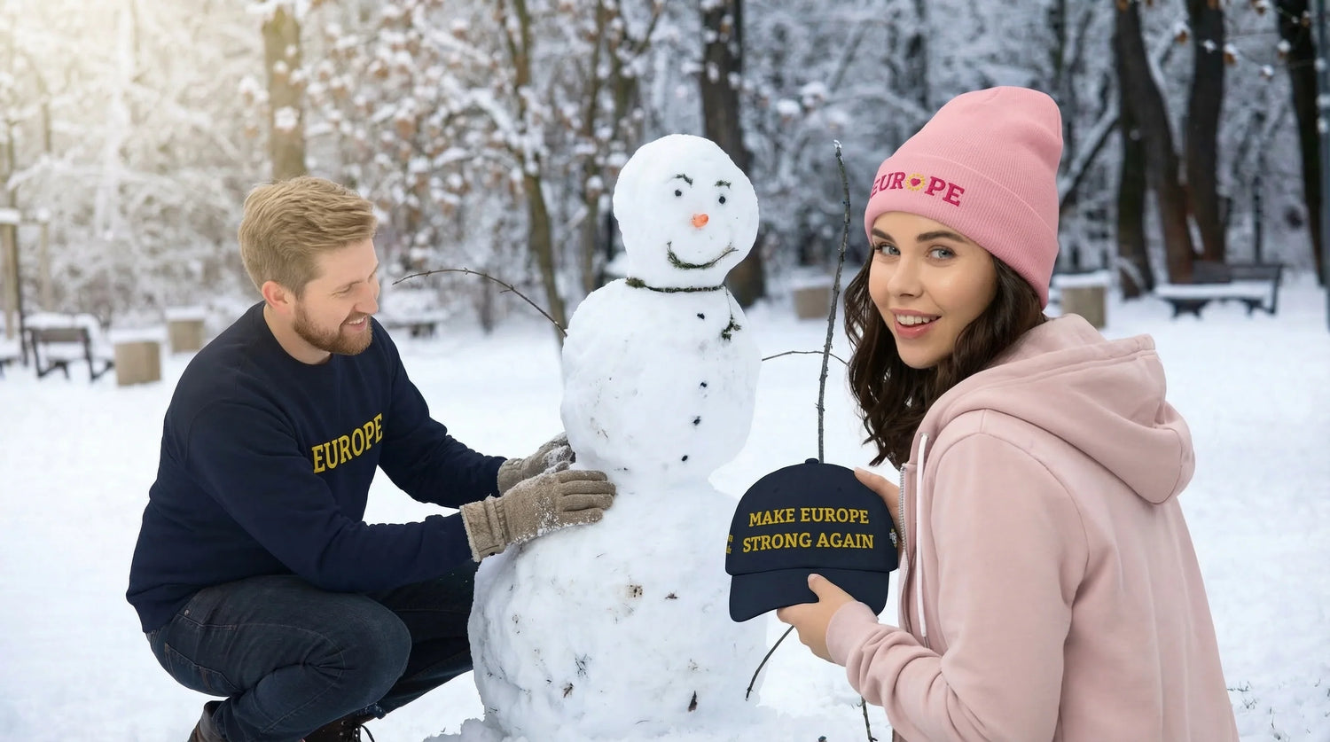 Winter Collection Cover photo: Boyfriend wearing Navy Blue EUROPE Unisex Sweatshirt & Girlfriend wearing Monochrome Pink EUROPE Cuffed Beanie with "Show the Love for Europe" emblem