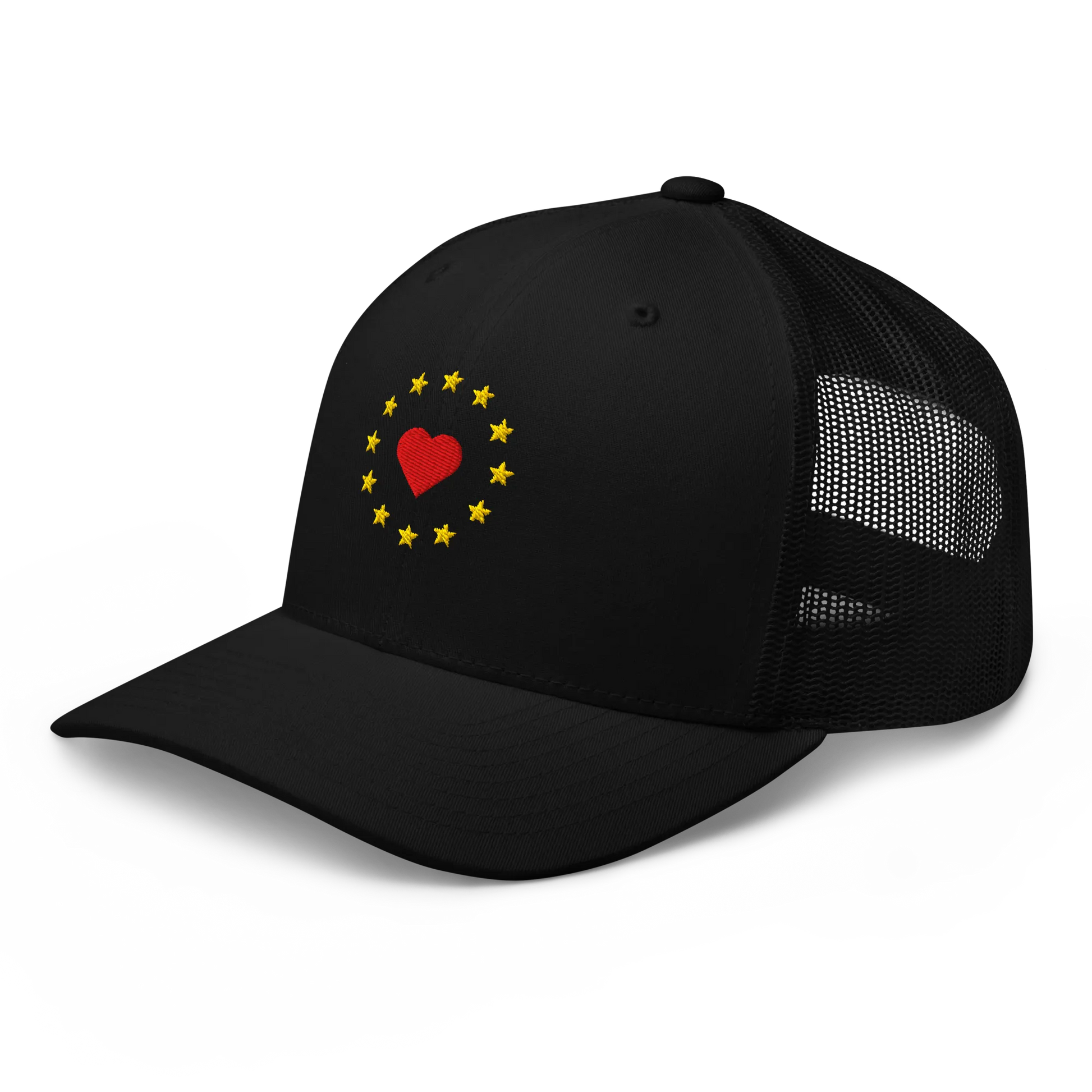 Black "Show the Love for Europe" Trucker Cap Left Front View