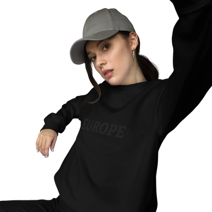 Female Model with Monochrome Black "EUROPE" Unisex Sweatshirt