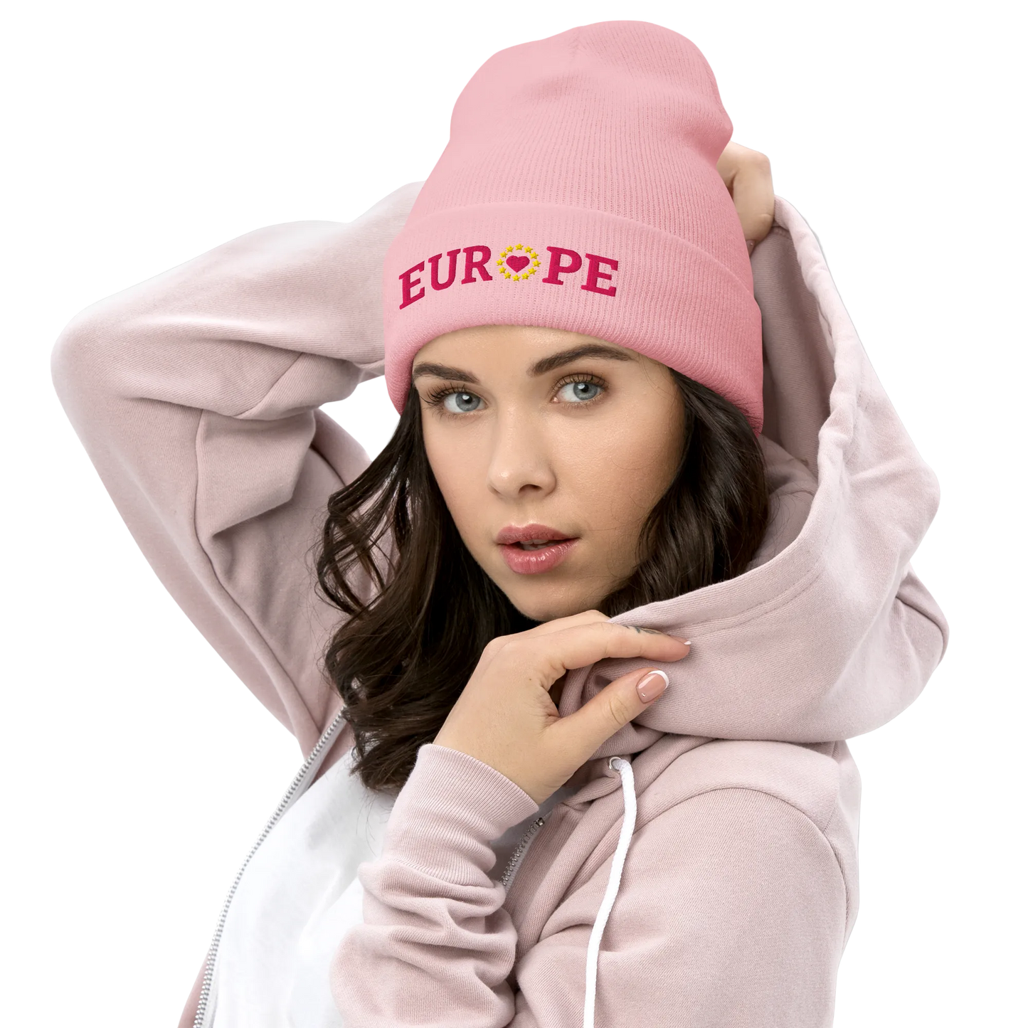 Female Model with Monochrome Pink "EUROPE" Cuffed Beanie with "Show the Love for Europe" emblem in full color