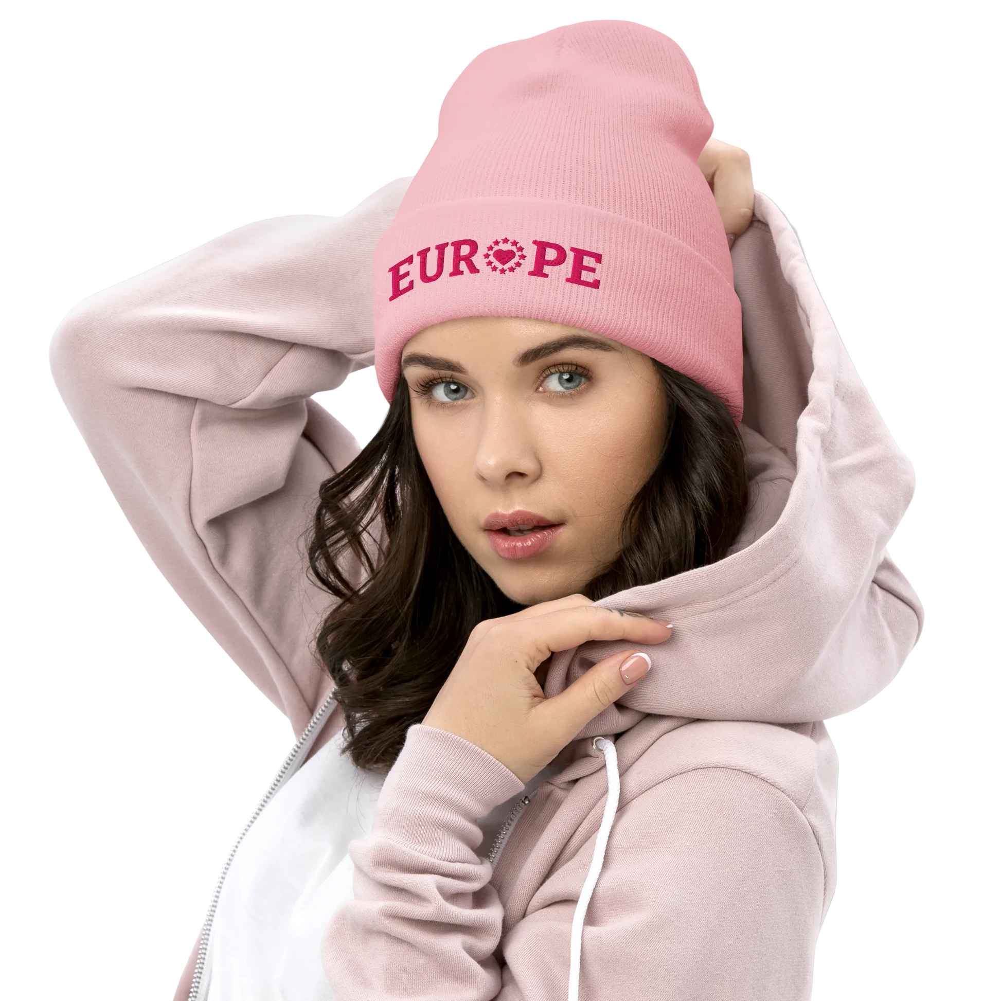 Female Model with Monochrome Pink "EUROPE" Cuffed Beanie with "Show the Love for Europe" emblem