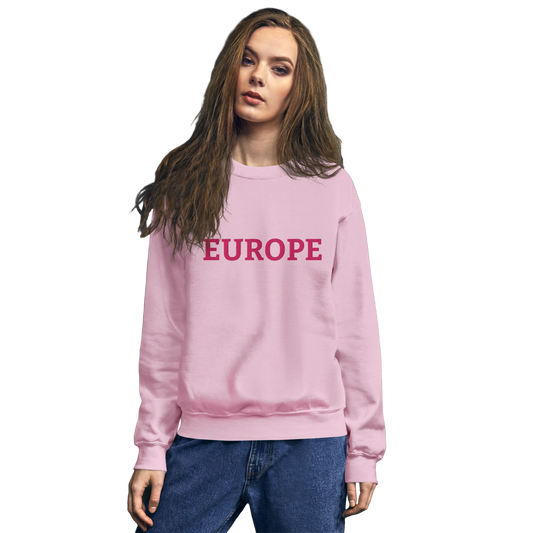 Female Model with Monochrome Pink "EUROPE" Unisex Sweatshirt