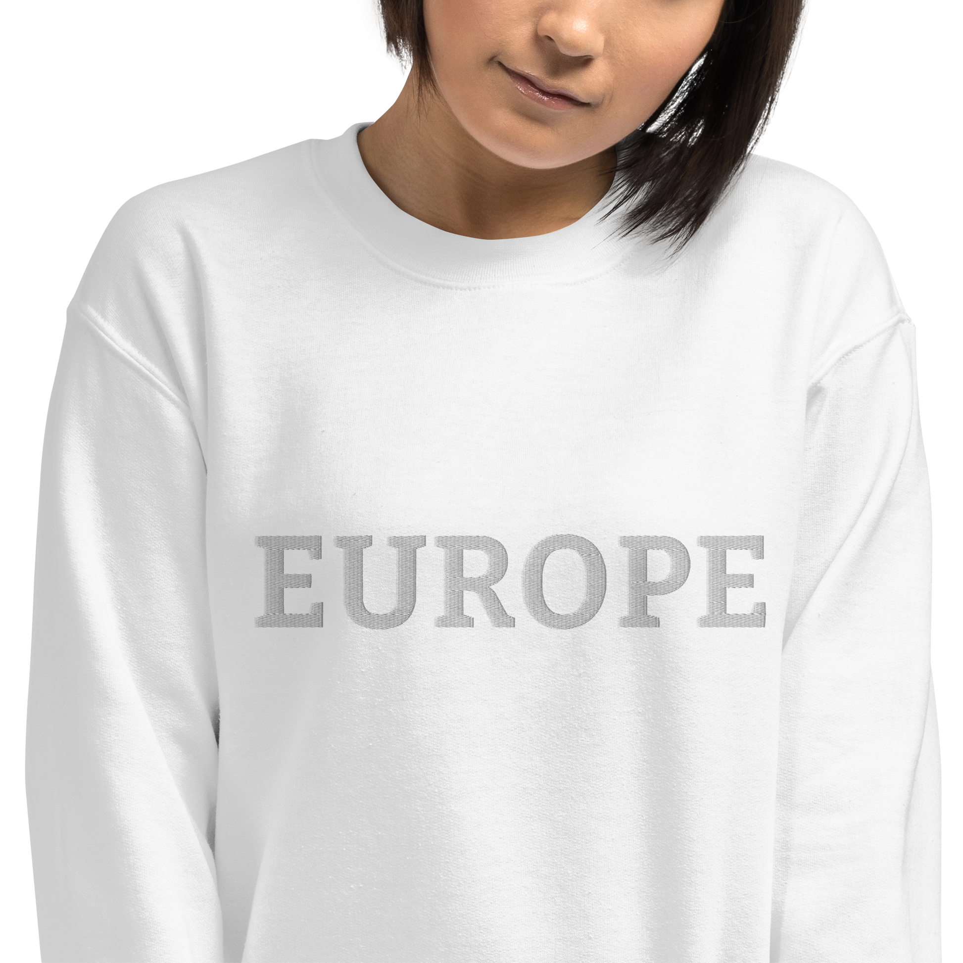 Female Model with Monochrome White "EUROPE" Unisex Sweatshirt