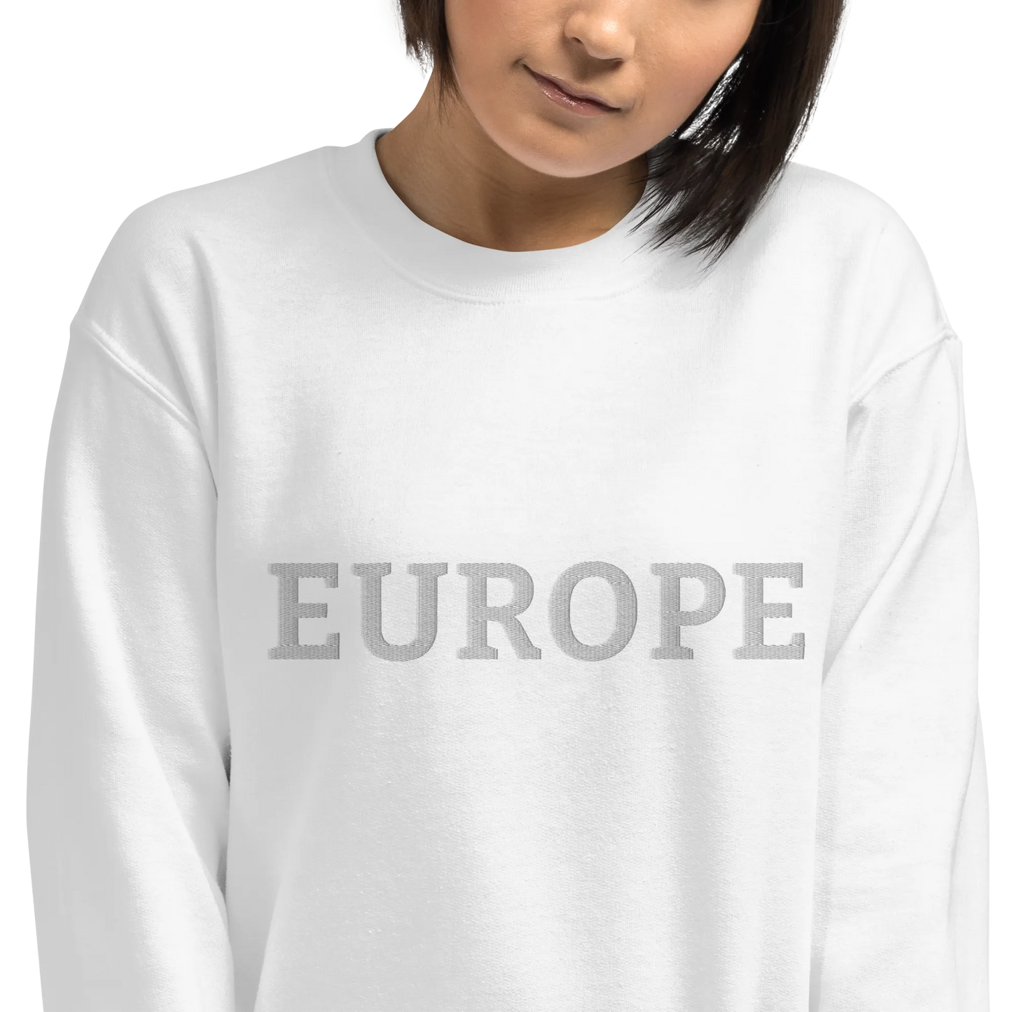 Female Model with Monochrome White "EUROPE" Unisex Sweatshirt