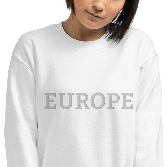 Female Model with Monochrome White "EUROPE" Unisex Sweatshirt