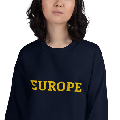 Female Model with Navy Blue "EUROPE" Unisex Sweatshirt
