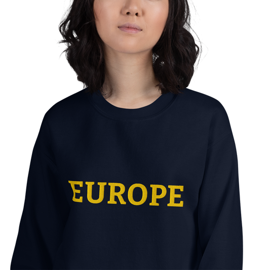Female Model with Navy Blue "EUROPE" Unisex Sweatshirt