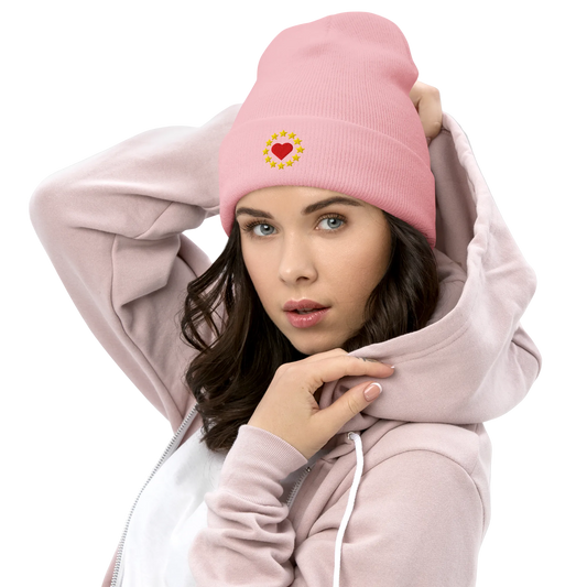 Female Model with Pink "Show the Love for Europe" Cuffed Beanie
