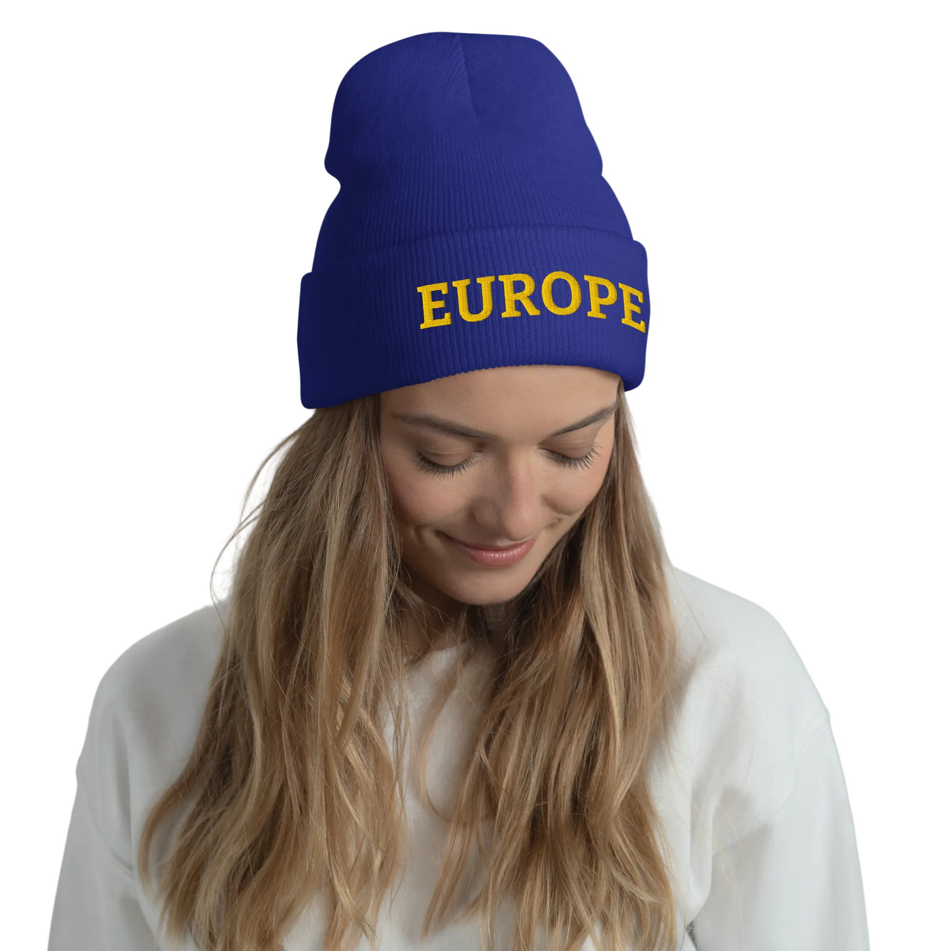 Female Model with Royal Blue "EUROPE" Cuffed Beanie