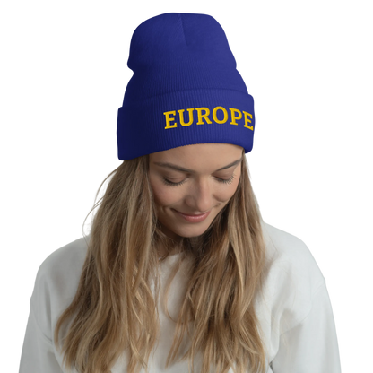 Female Model with Royal Blue "EUROPE" Cuffed Beanie