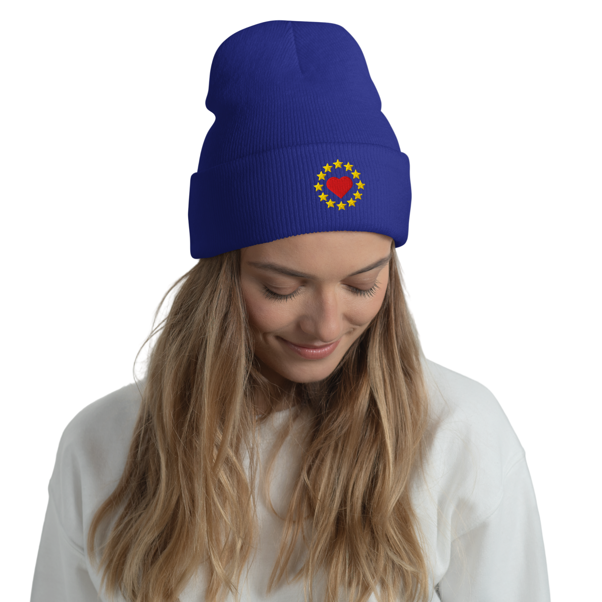 Female Model with Royal Blue "Show the Love for EU" Cuffed Beanie