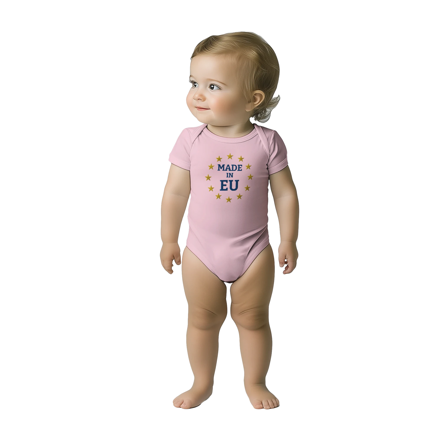 "Made in EU" Embroidered Baby Bodysuit on an AI Toddler / Pink