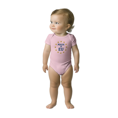 "Made in EU" Embroidered Baby Bodysuit on an AI Toddler / Pink