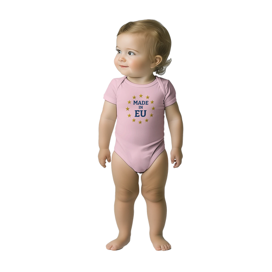 "Made in EU" Embroidered Baby Bodysuit on an AI Toddler / Pink