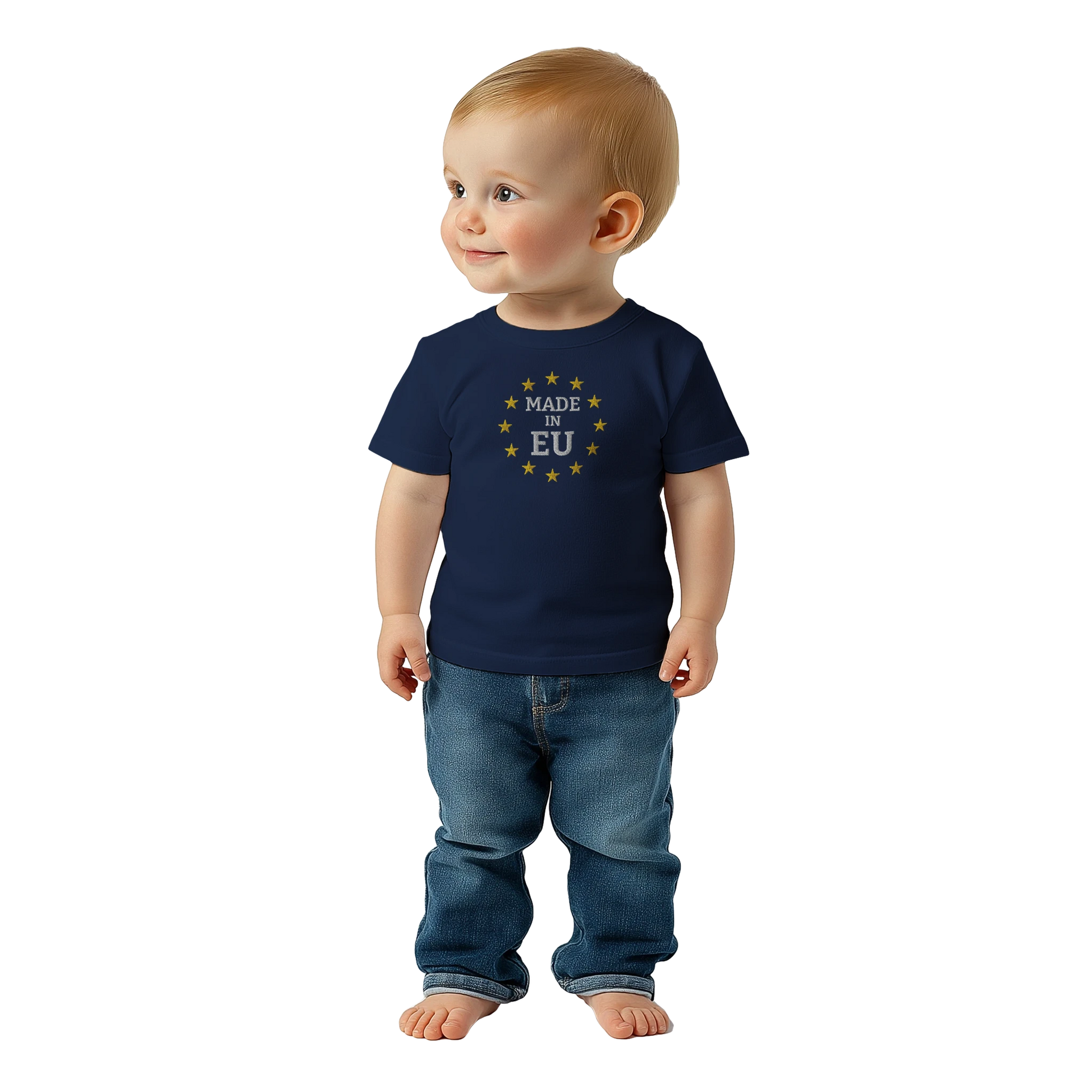 "Made in EU" Embroidered Baby T-shirt on an AI Baby Boy / Navy Blue