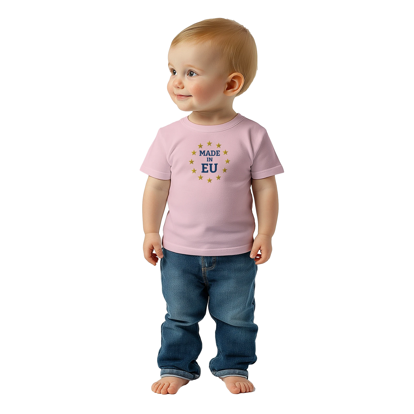"Made in EU" Embroidered Baby T-shirt on an AI Baby Boy / Pink