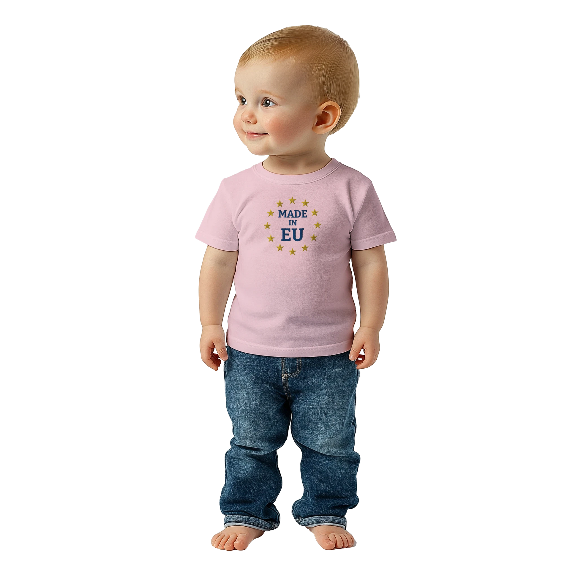"Made in EU" Embroidered Baby T-shirt on an AI Baby Boy / Pink
