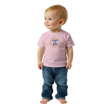 "Made in EU" Embroidered Baby T-shirt on an AI Baby Boy / Pink