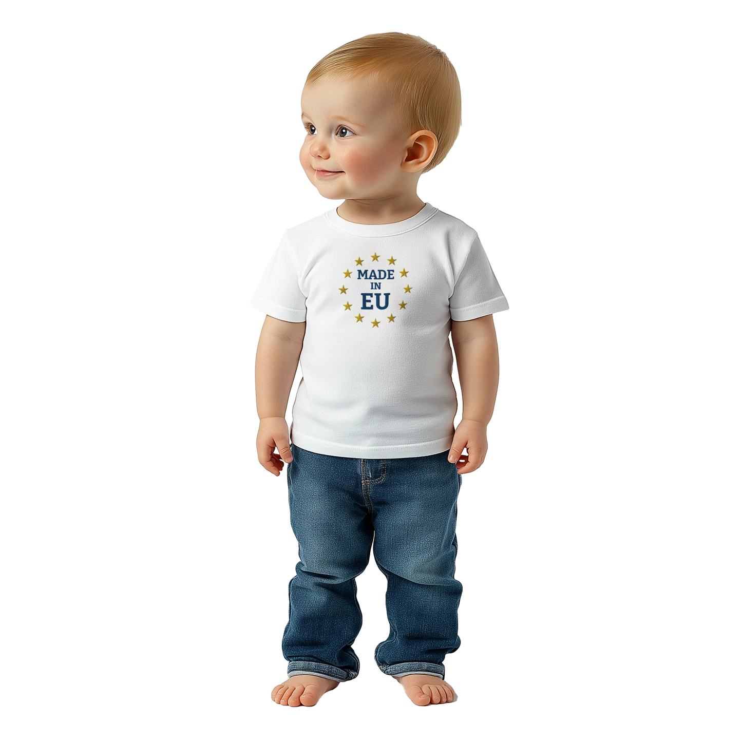 "Made in EU" Embroidered Baby T-shirt on an AI Baby Boy / White