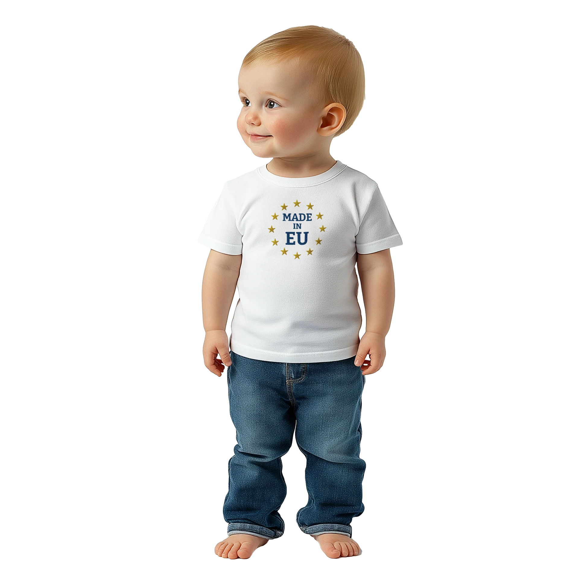 "Made in EU" Embroidered Baby T-shirt on an AI Baby Boy / White