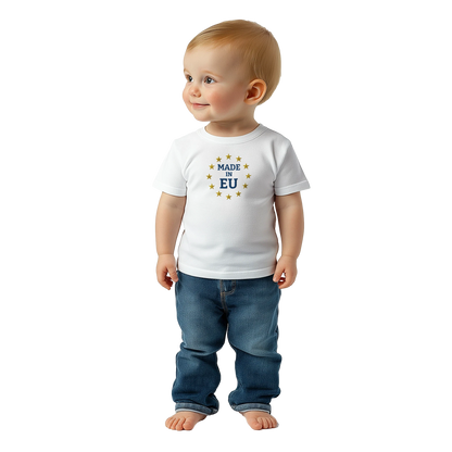 "Made in EU" Embroidered Baby T-shirt on an AI Baby Boy / White