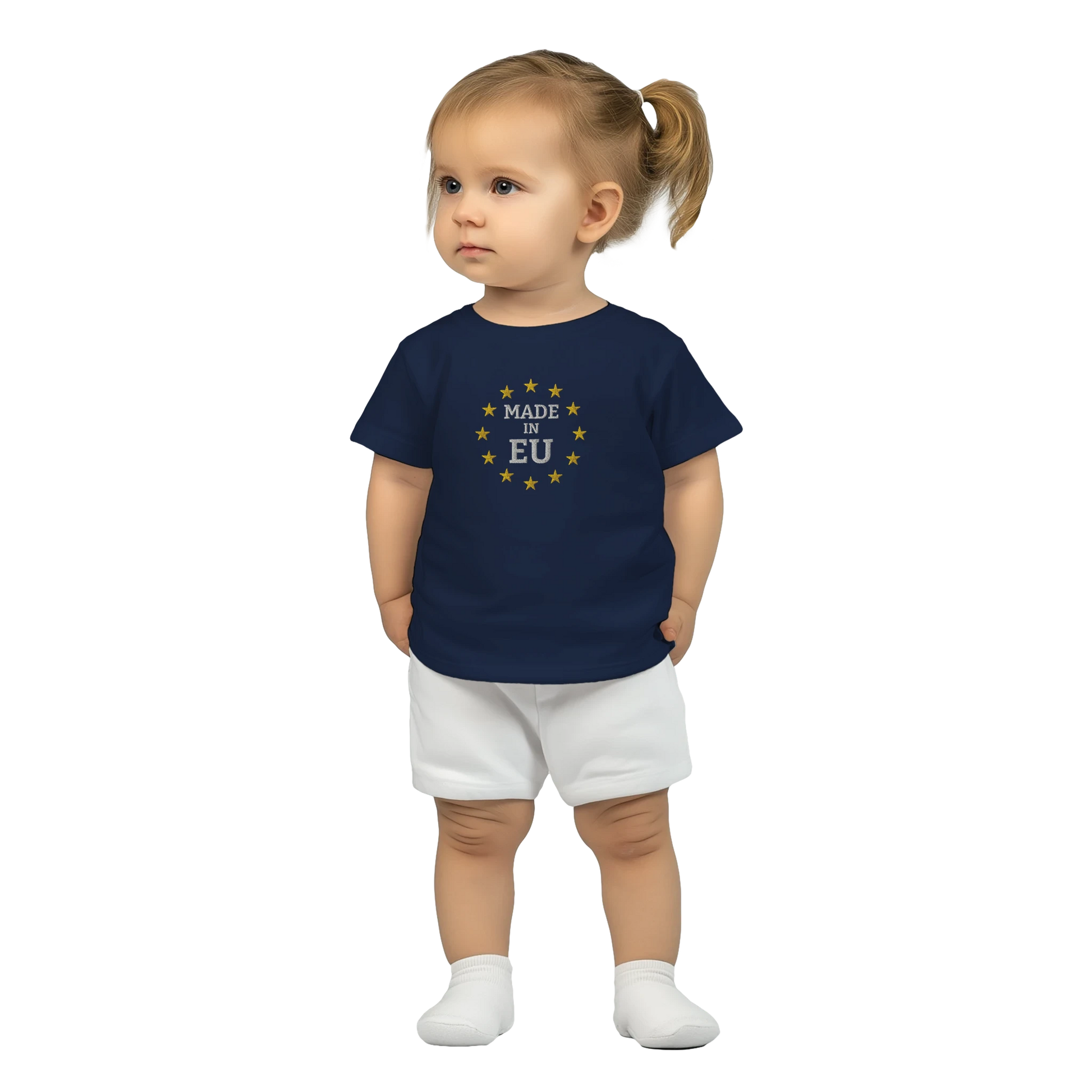 "Made in EU" Embroidered Baby T-shirt on an AI Baby Girl / Navy Blue