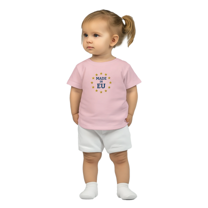 "Made in EU" Embroidered Baby T-shirt on an AI Baby Girl / Pink