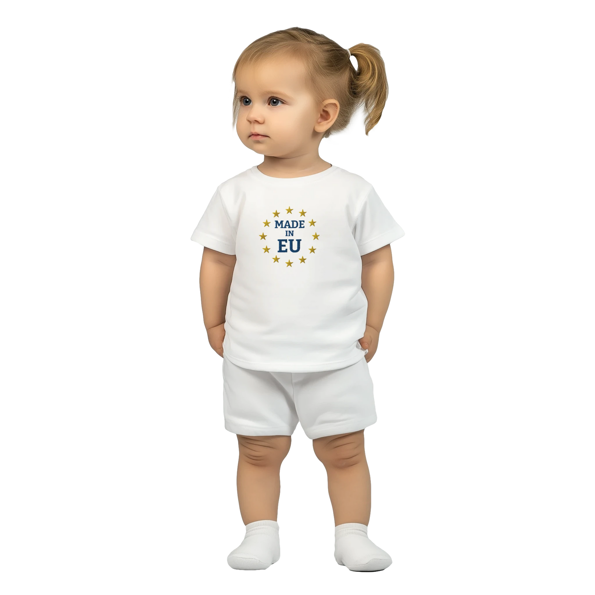 "Made in EU" Embroidered Baby T-shirt on an AI Baby Girl / White