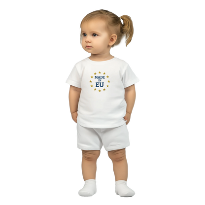 "Made in EU" Embroidered Baby T-shirt on an AI Baby Girl / White