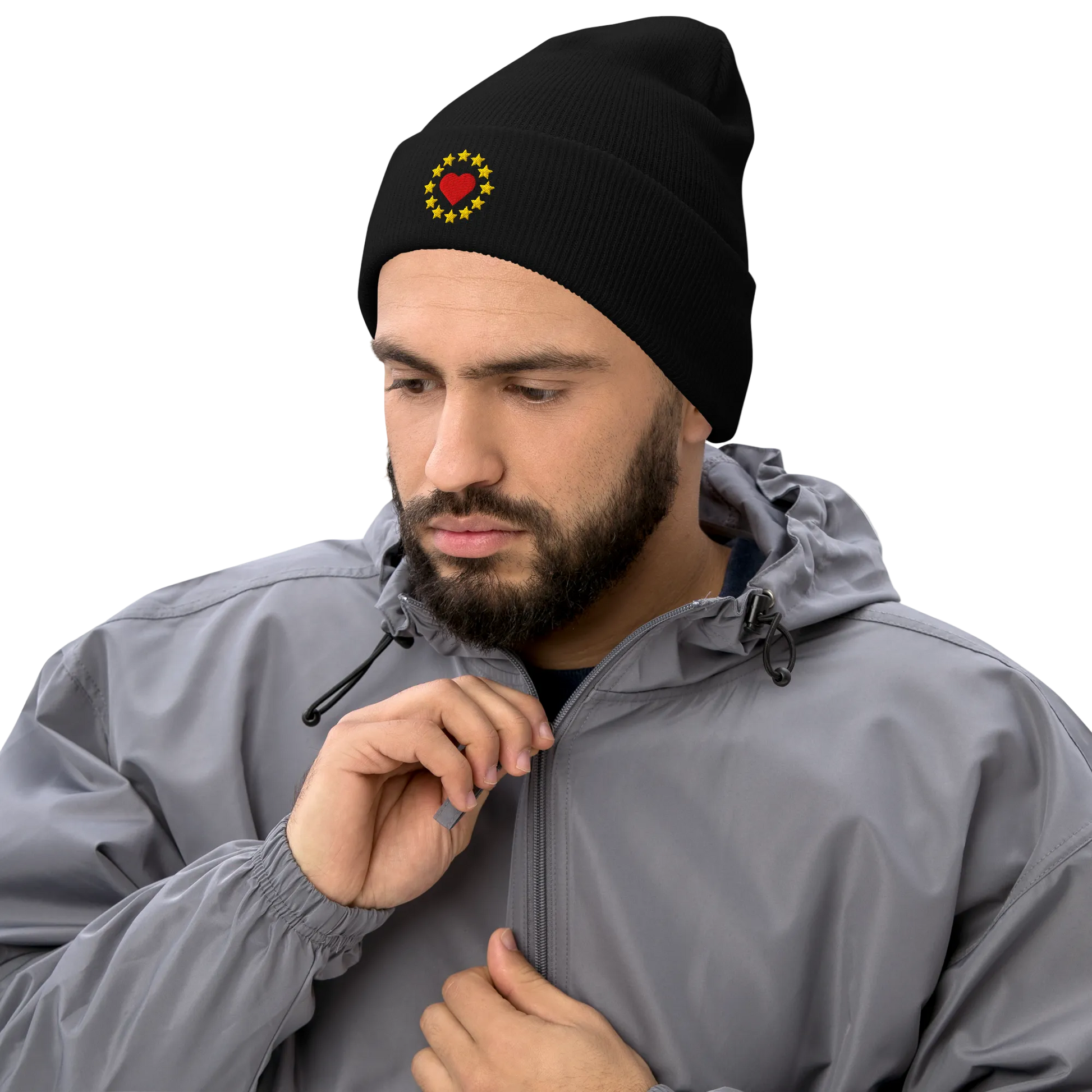 Male Model with Black "Show the Love for Europe" Cuffed Beanie