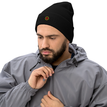 Male Model with Monochrome Black "EUROPE" Cuffed Beanie with "Show the Love for Europe" emblem in full color