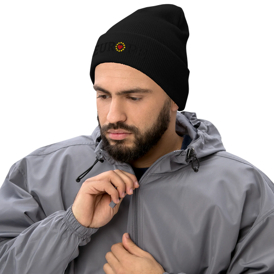 Male Model with Monochrome Black "EUROPE" Cuffed Beanie with "Show the Love for Europe" emblem in full color