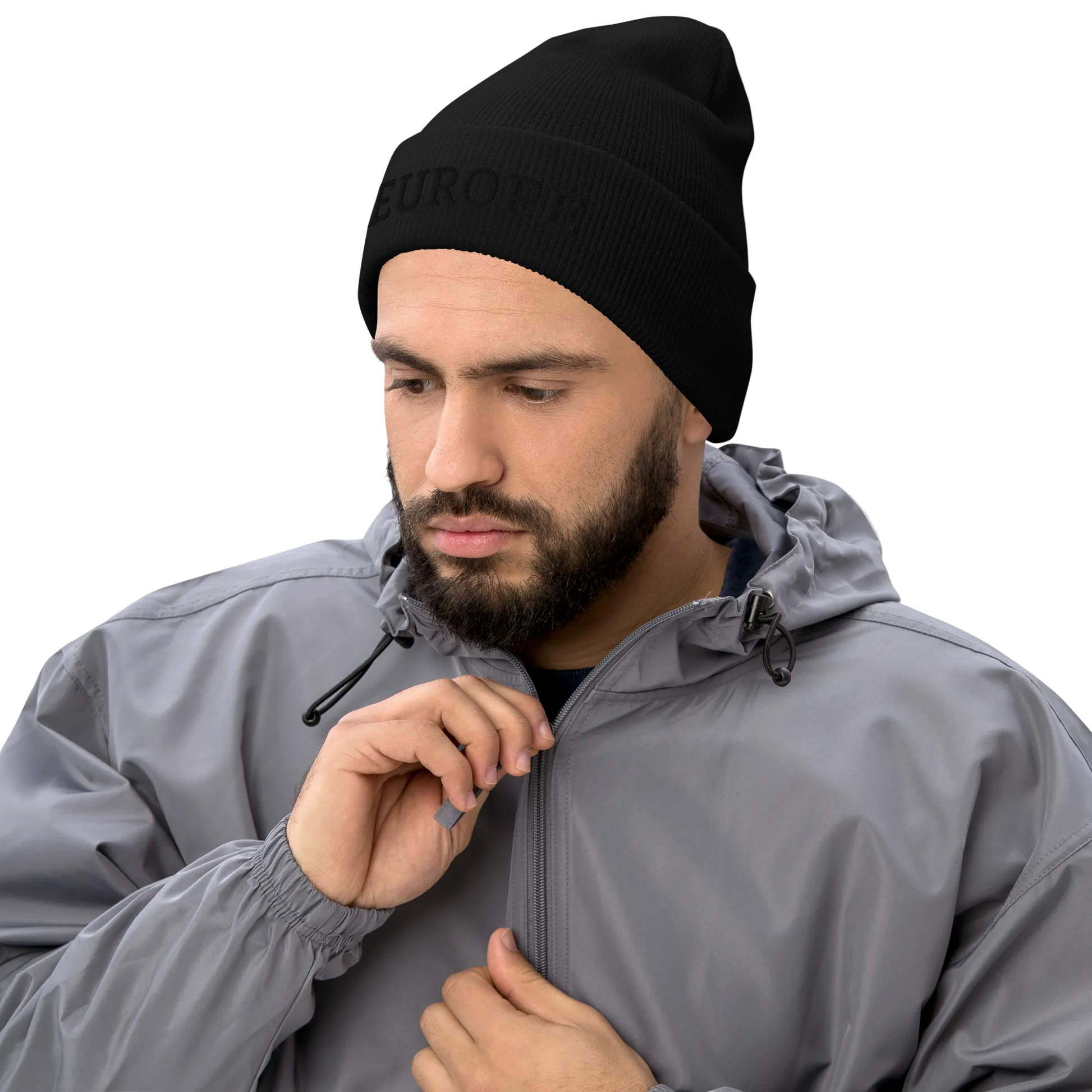 Male Model with Monochrome Black "EUROPE" Cuffed Beanie