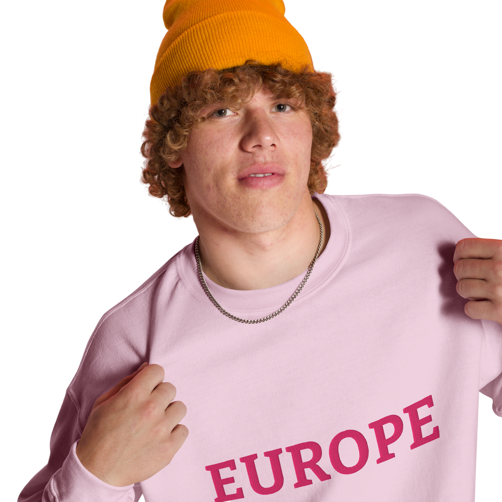 Male Model with Monochrome Pink "EUROPE" Unisex Sweatshirt